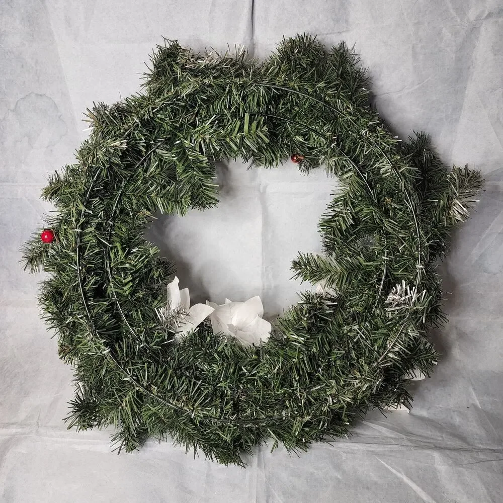 Gorgeous Winter Christmas Wreath for Front Door White Flowers Silver Ribbon 21